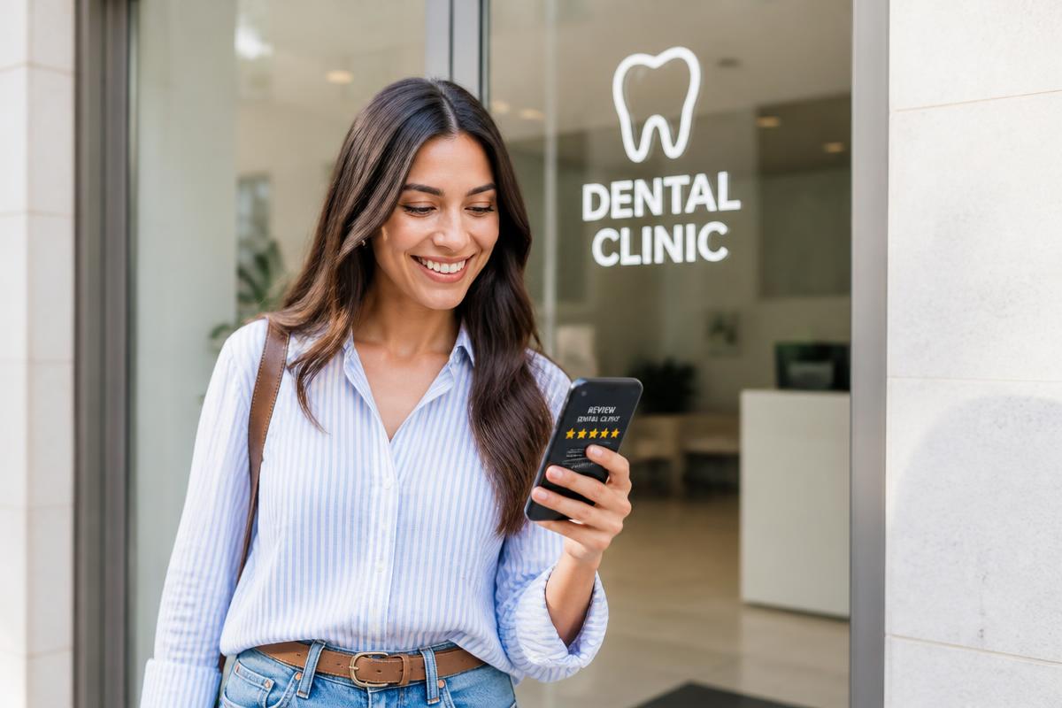 Patientin hält ein Smartphone mit einer Fünf-Sterne-Bewertung vor einer Zahnarztpraxis