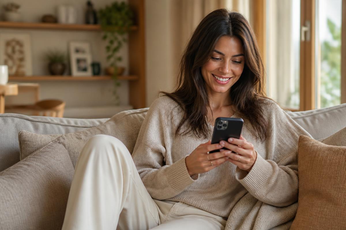 Lächelnde Frau auf dem Sofa zu Hause mit ihrem Smartphone