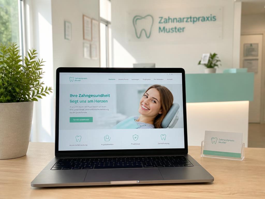 Moderner Empfang einer Zahnarztpraxis mit Laptop, der eine frische Website-Präsentation zeigt