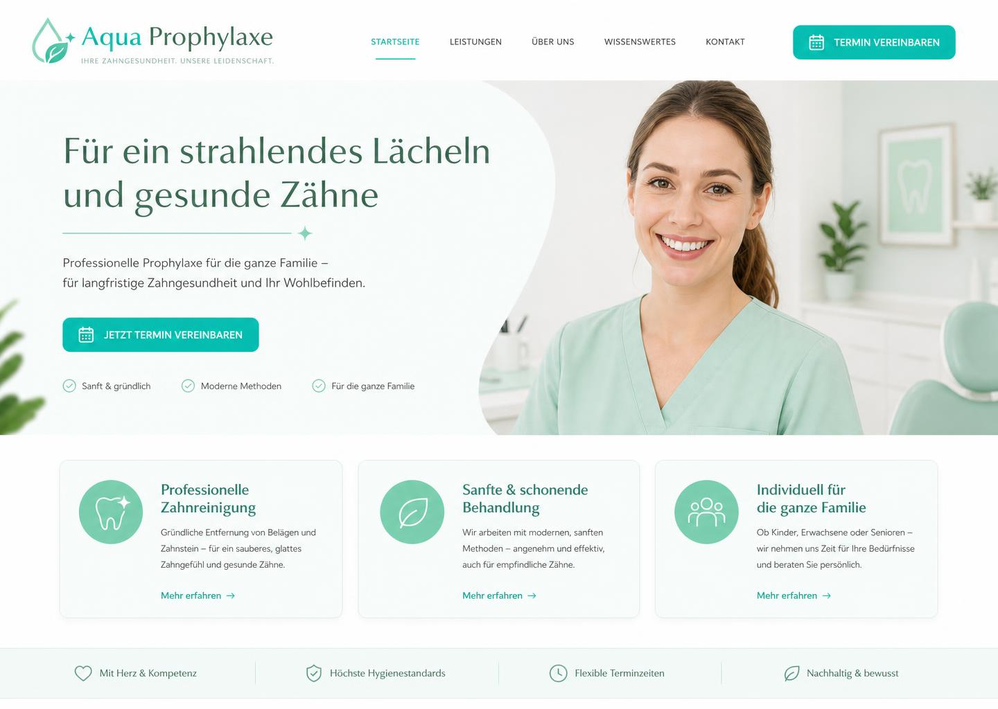 Desktop-Konzept einer frischen Praxiswebsite für Prophylaxe